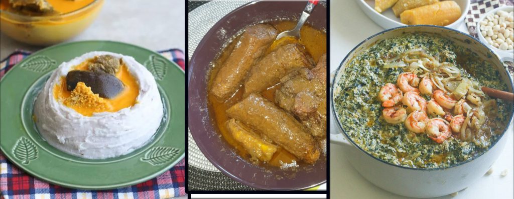 Top Traditional Cameroon Foods (Left to Right, Achu, Kondre, Ndole)